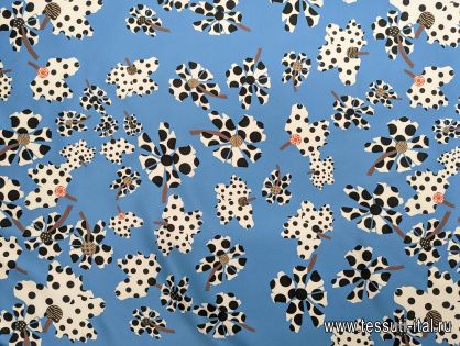 Шелк атлас стрейч (н) стилизованные цветы в горох на голубом - итальянские ткани Тессутидея арт. 10-3050