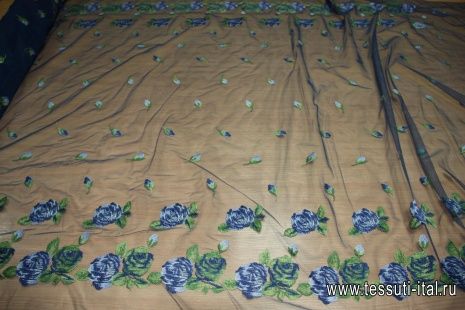 Плательная сетка с вышивкой (н) цветочный орнамент на синем ш-120см - итальянские ткани Тессутидея арт. 03-3398