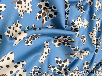 Шелк атлас стрейч (н) стилизованные цветы в горох на голубом - итальянские ткани Тессутидея арт. 10-3050