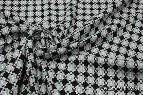 Костюмная шанель (н) черно-бело-бирюзово-розовая ш-135см - итальянские ткани Тессутидея арт. 03-3773