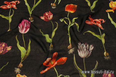 Шифон двухслойный (н) цветы на черном - итальянские ткани Тессутидея арт. 10-3361