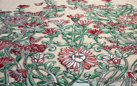 Органза (н) красно-зеленый цветочный орнамент на белом в стиле Ruffo Coli - итальянские ткани Тессутидея арт. 03-5969