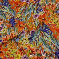 Плательная вискоза кади (н) яркий цветочный рисунок и бабочки на оранжевом - итальянские ткани Тессутидея арт. 04-1623