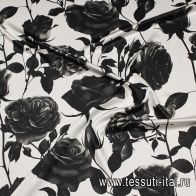 Шелк атлас (н) черные розы на белом - итальянские ткани Тессутидея арт. 10-3753