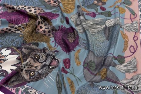 Шелк купон-платок 90*90см  (н) леопард и собака на серо-синем Сабина Саваж - итальянские ткани Тессутидея арт. F-5713