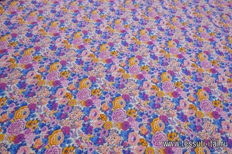 Плательная (н) желто-розово-голубой цветочный орнамент на белом - итальянские ткани Тессутидея арт. 01-4536