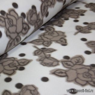 Флис double (н) бежево-коричневый цветочный орнамент на белом ш-170см - итальянские ткани Тессутидея арт. 13-1057