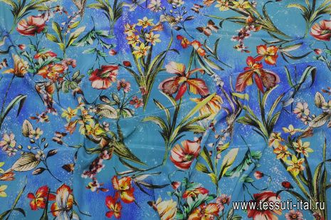 Крепдешин (н) цветочный рисунок и насекомые на сине-бирюзовом - итальянские ткани Тессутидея арт. 10-3432