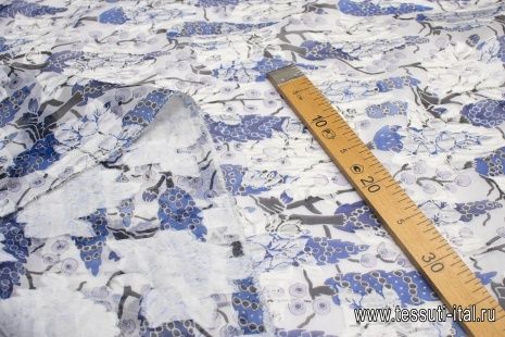 Органза филькупе (н) сине-черно-белый орнамент на белом - итальянские ткани Тессутидея арт. 03-6066