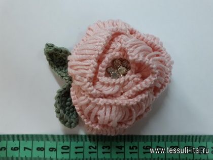 Брошь вязанный цветок со стразами розово-зеленый - итальянские ткани Тессутидея арт. F-4101