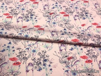 Плательная стрейч (н) цветочный орнамент птицы и бабочки на розовом - итальянские ткани Тессутидея арт. 01-4106