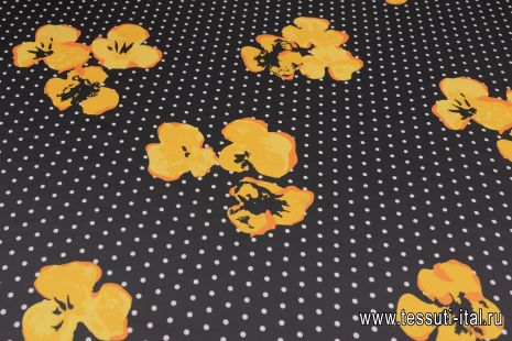 Органза (н) желтые цветы и белый горох на черном - итальянские ткани Тессутидея арт. 10-2915