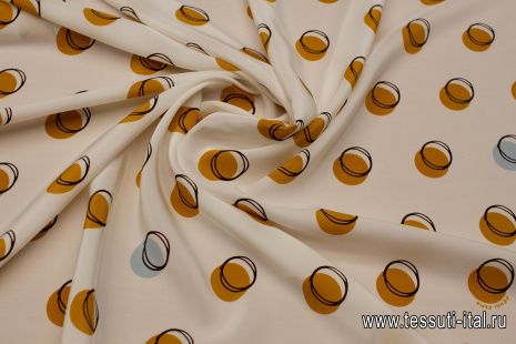 Крепдешин (н) желто-коричнево-голубой стилизованный горох на айвори - итальянские ткани Тессутидея арт. 10-3445