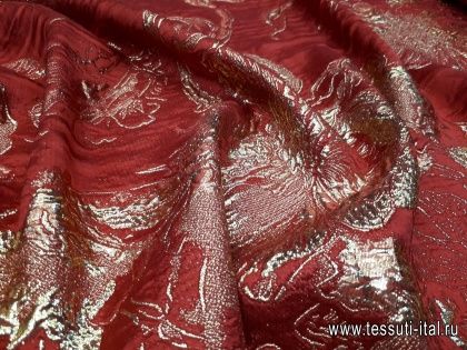 Шелк с люрексом (н) золотой орнамент на красном - итальянские ткани Тессутидея арт. 03-5746
