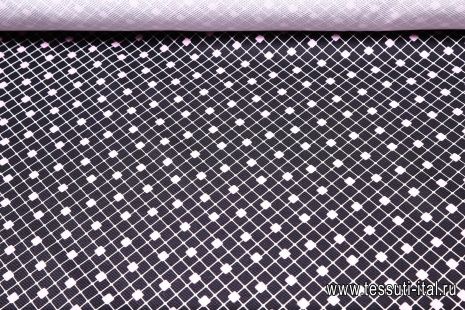 Плательная фактурная стрейч (н) мелкие розовые квадраты на черно-белой стилизованной клетке - итальянские ткани Тессутидея арт. 01-3656