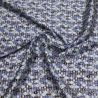 Шелк атлас стрейч (н) сине-черный геометрический рисунок на белом - итальянские ткани Тессутидея арт. 10-3543