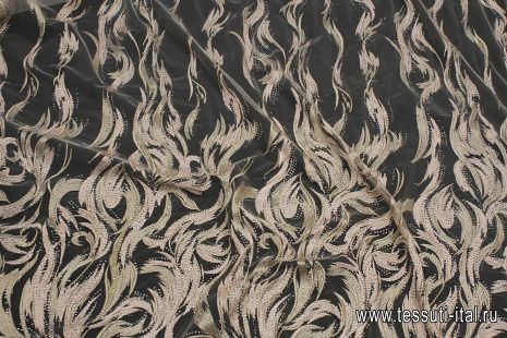 Кружевное полотно с люрексом расшитое стразами (н) розово-бежевое - итальянские ткани Тессутидея арт. 03-6948