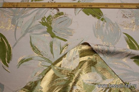 Жаккард с люрексом (н) крупные серо-зеленые цветы на розовом - итальянские ткани Тессутидея арт. 03-7013