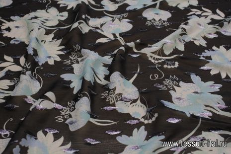 Шифон с люрексом (н) бело-мятно-голубой цветочный рисунок на черном - итальянские ткани Тессутидея арт. 10-3280