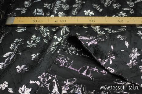 Тафта с люрексом (н) серебряный цветочный принт на черном - итальянские ткани Тессутидея арт. 03-6836