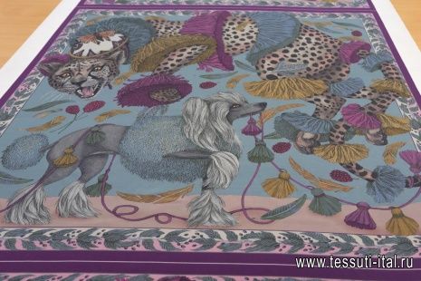 Шелк купон-платок 90*90см  (н) леопард и собака на серо-синем Сабина Саваж - итальянские ткани Тессутидея арт. F-5713