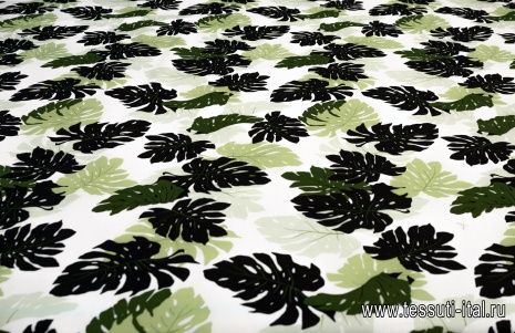 Хлопок (н) черно-зеленый растительный орнамент на белом - итальянские ткани Тессутидея арт. 01-5222