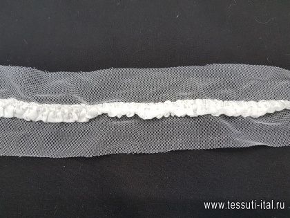 Тесьма - рюша на сетке белая со стеклярусом 40см - итальянские ткани Тессутидея арт. F-3537