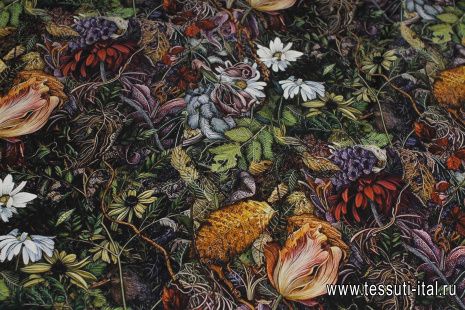 Шелк атлас стрейч (н) растительный рисунок и птицы на черном - итальянские ткани Тессутидея арт. 10-3644