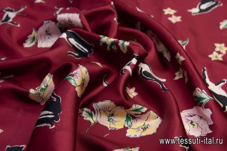 Шелк твил (н) кошки и цветы на бордовом - итальянские ткани Тессутидея арт. 10-0950
