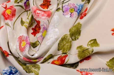 Крепдешин (н) цветочный орнамент на светло серо-бежевом - итальянские ткани Тессутидея арт. 02-8458