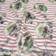 Шелк твил (н) элементы охоты на красно-черно-белой стилизованной полоске в стиле Fendi - итальянские ткани Тессутидея арт. 10-2206