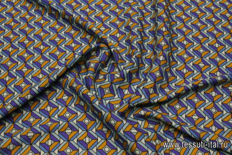 Шелк атлас стрейч (н) сине-желто-голубой геометрический принт - итальянские ткани Тессутидея арт. 10-3733