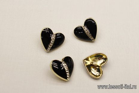 Пуговица металл золото на ножке d-18мм черное сердце со стразами - итальянские ткани Тессутидея арт. F-6639
