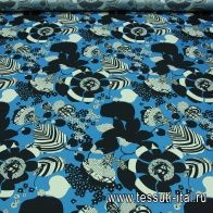 Шелк твил (н) черно-белый цветочный орнамент на голубом ш-145см Ungaro - итальянские ткани Тессутидея арт. 02-6361