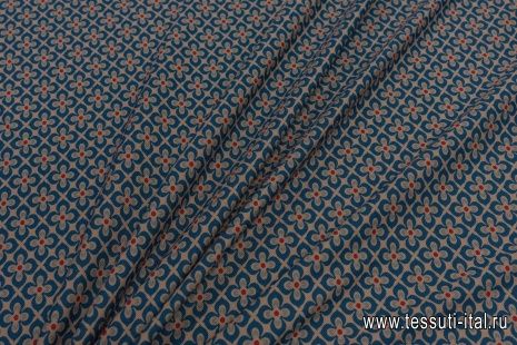 Трикотаж пике (н) сине-красный цветочный рисунок на бежевом - итальянские ткани Тессутидея арт. 12-1107