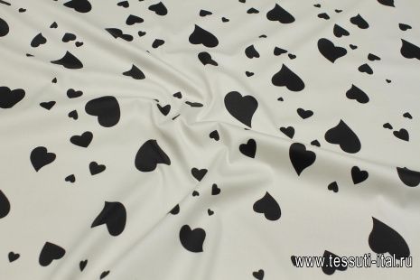 Хлопок стрейч (н) черные сердца на белом - итальянские ткани Тессутидея арт. 01-7215