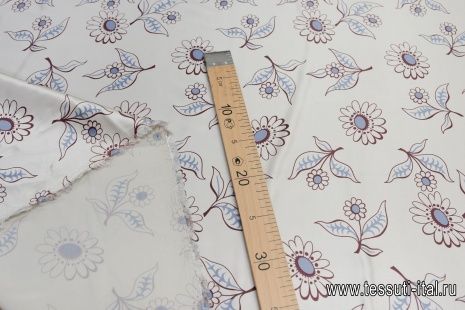 Шелк атлас (н) коричнево-голубой цветочный рисунок на светло-бежевом в стиле Marni - итальянские ткани Тессутидея арт. 10-2478