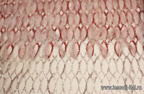 Плательная сетка расшитая пайетками и перьями (н) розово-красная - итальянские ткани Тессутидея арт. 03-6998