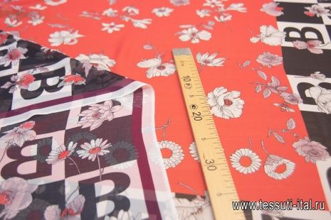 Шифон Burberry купон (1,45м) (н) буква "В" и цветы на красном - итальянские ткани Тессутидея арт. 10-2060