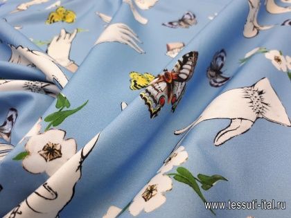 Сорочечная (н) орнамент из перчаток и бабочек на голубом в стиле Vivetta - итальянские ткани Тессутидея арт. 01-4940