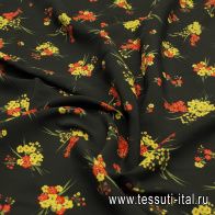 Плательная вискоза (н) красно-желтые цветочные букеты на черном - итальянские ткани Тессутидея арт. 04-1621