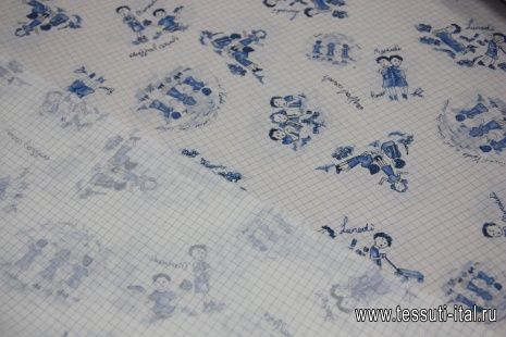 Сорочечная (н) детский орнамент на бело-голубой клетке ш-150см - итальянские ткани Тессутидея арт. 01-3893