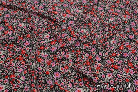 Плательная вискоза (н) красно-розовый цветочный рисунок на черном - итальянские ткани Тессутидея арт. 04-1617