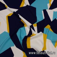 Крепдешин (н) сине-желто-голубая геометрическая абстракция на белом - итальянские ткани Тессутидея арт. 10-3448