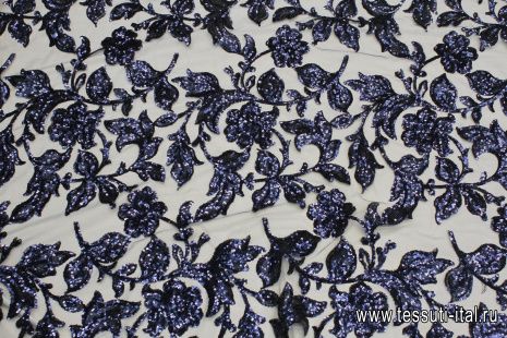 Сетка плательная расшитая пайетками (о) темно-синяя - итальянские ткани Тессутидея арт. 03-6935