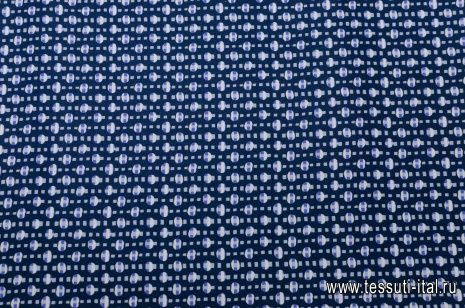 Хлопок стрейч (н) бело-голубой геометрический орнамент на темно-синем - итальянские ткани Тессутидея арт. 01-5052