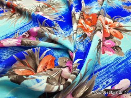 Крепдешин (н) крупный цветочный орнамент и пальмы на сине-голубом - итальянские ткани Тессутидея арт. 02-8253