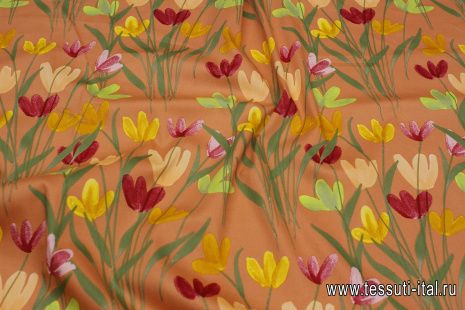 Хлопок стрейч (н) красно-желто-зеленые цветы на терракотовом - итальянские ткани Тессутидея арт. 01-7273