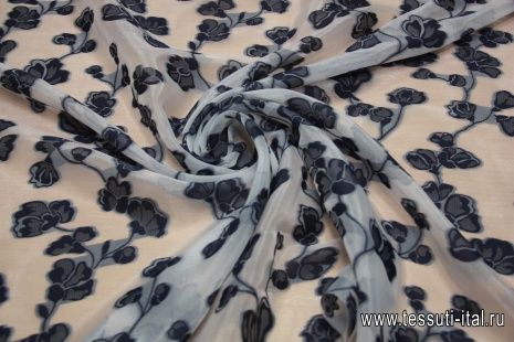 Органза деворе (н) синий цветочный орнамент на белом ш-150см - итальянские ткани Тессутидея арт. 03-3753