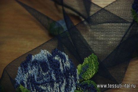 Плательная сетка с вышивкой (н) цветочный орнамент на синем ш-120см - итальянские ткани Тессутидея арт. 03-3398